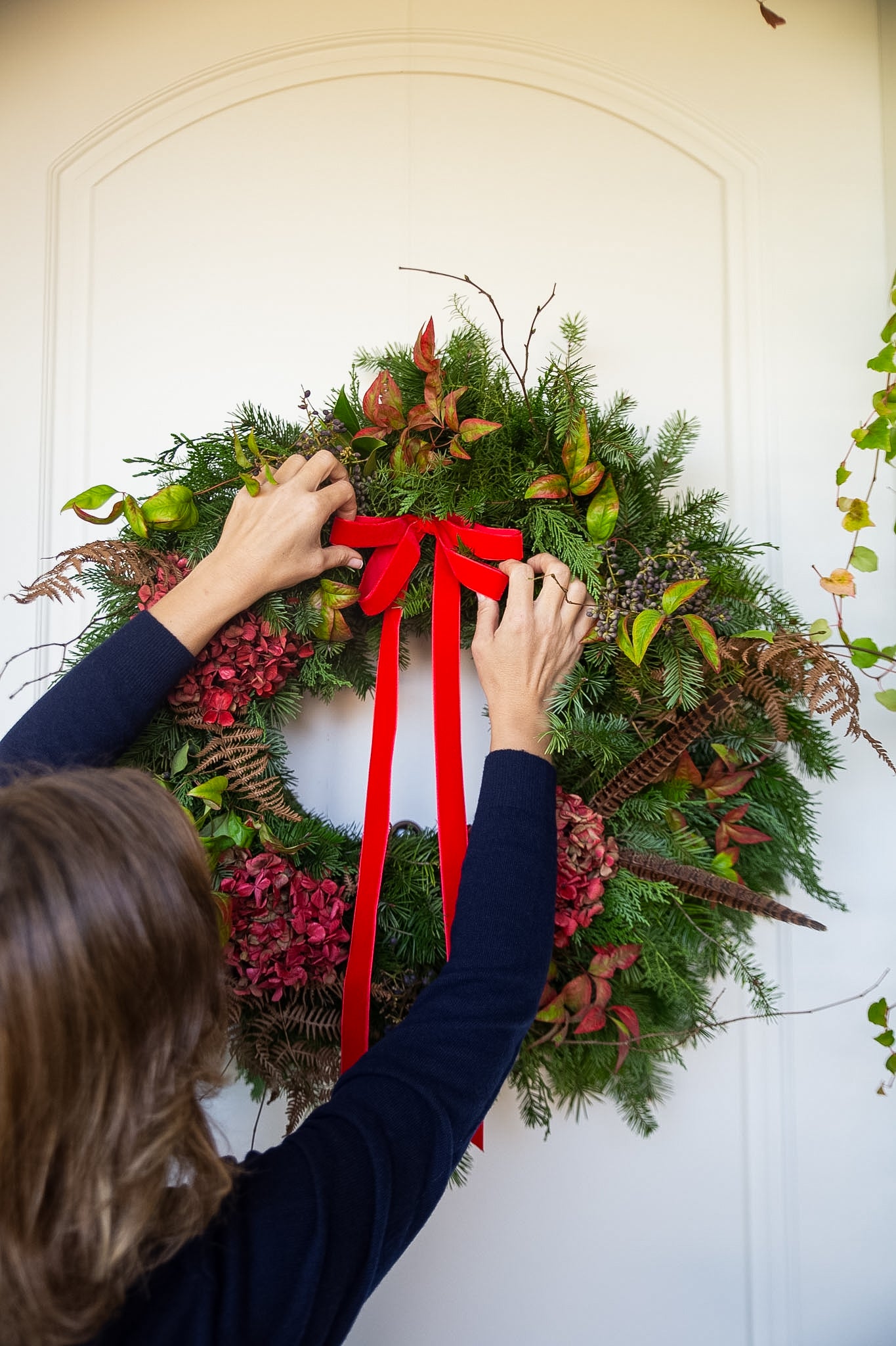 Corona de Navidad con hortensias